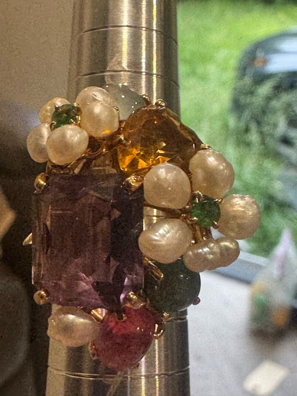 Multi-Gem Pearl Cluster Cocktail Ring 14K